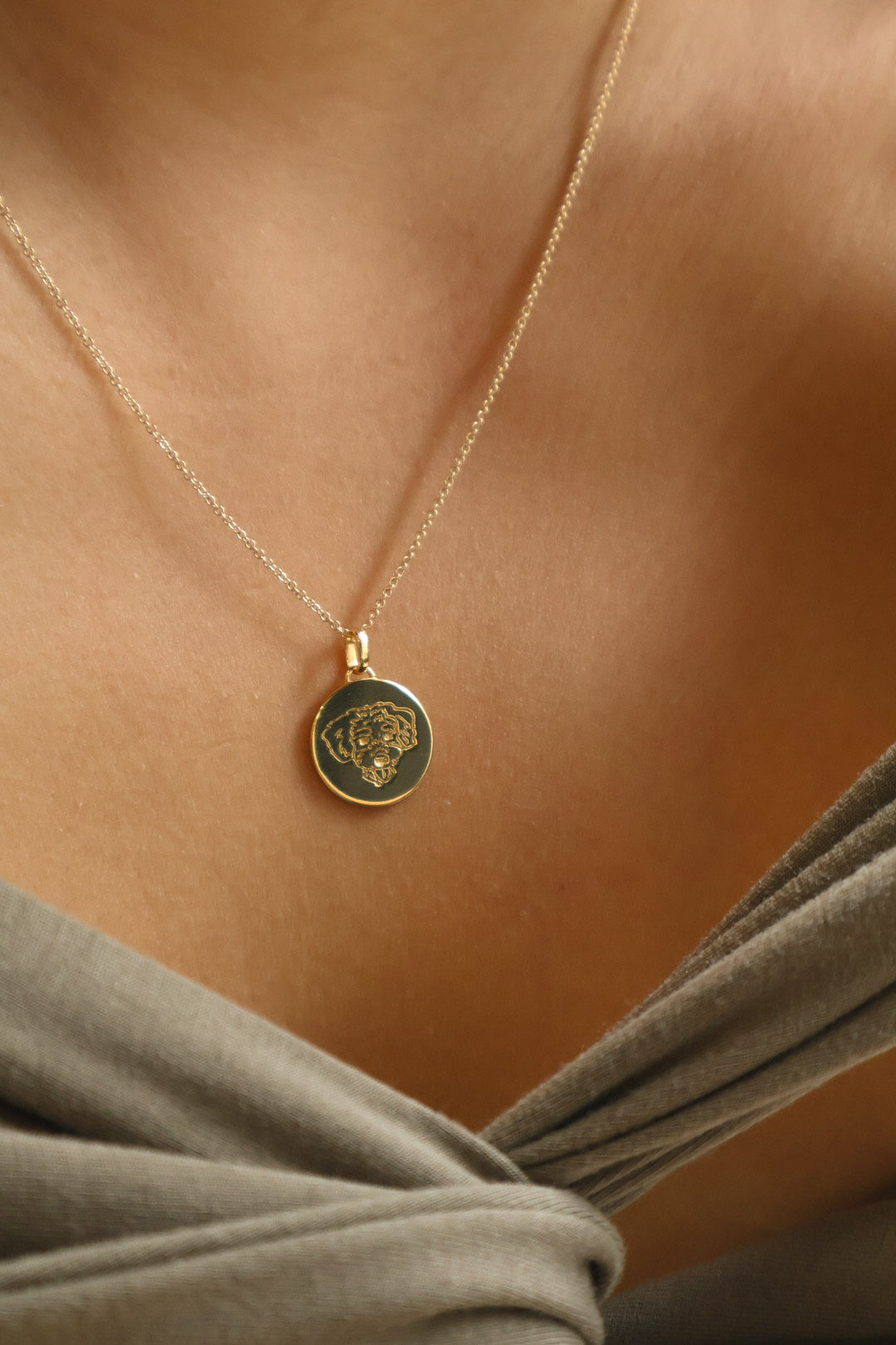 Solid Gold Round Pet Portrait Necklace