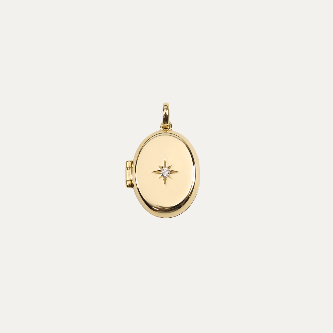 Solid Gold Star-Set Oval Locket - Charm only [2 photos + engraving]