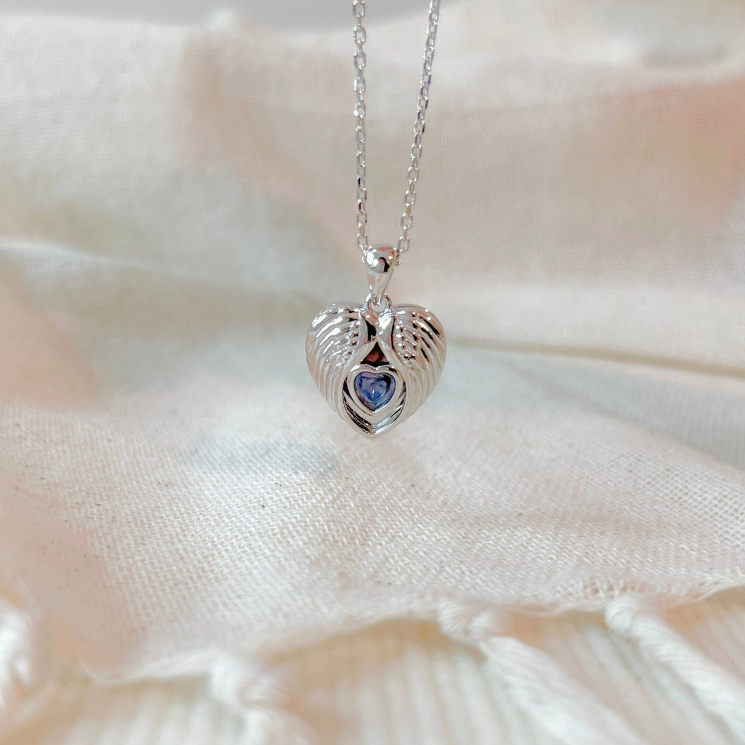 Angel Wings Heart Birthstone Locket [Engravable]