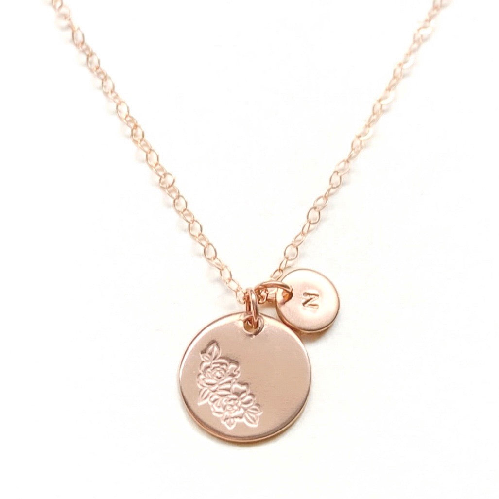 Hand-Stamped Birth Flower with Initial pendant [Gold-filled]